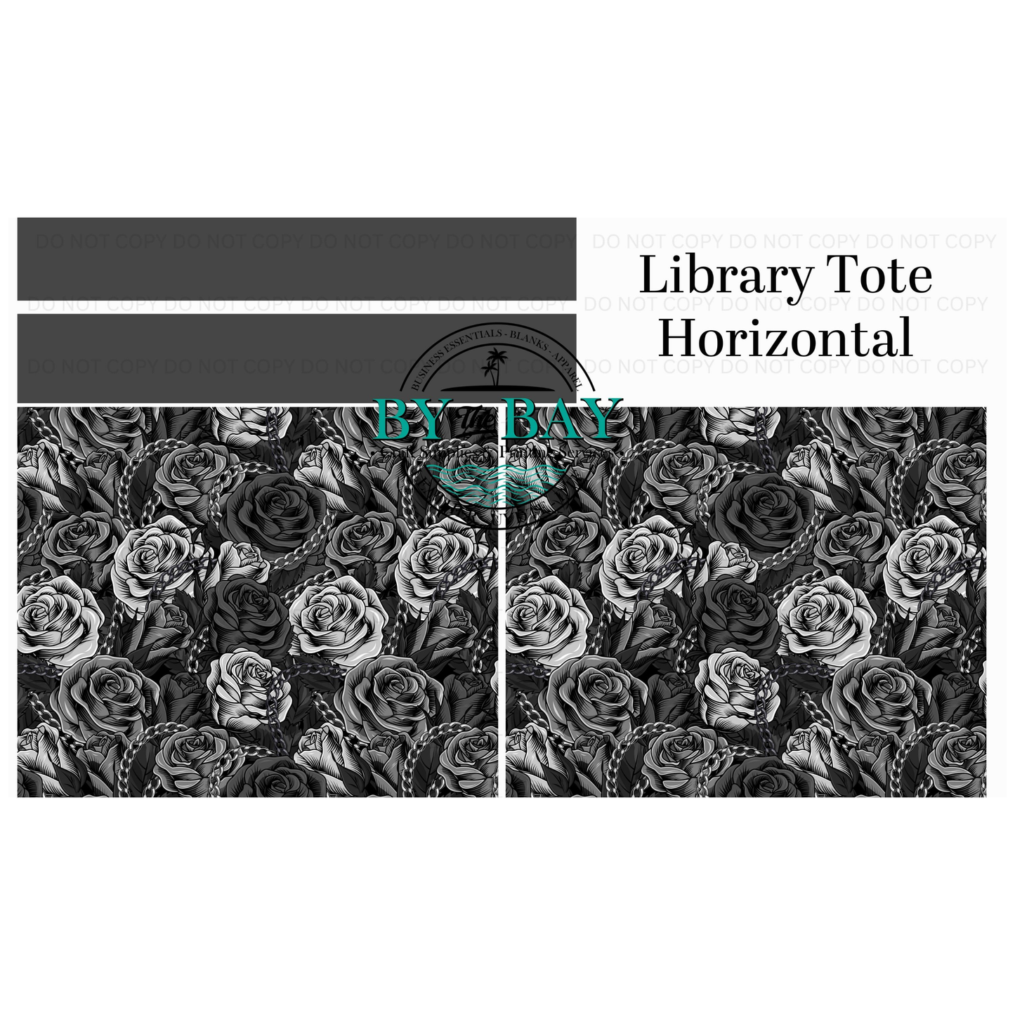 Black grey roses Horizontal Library Tote