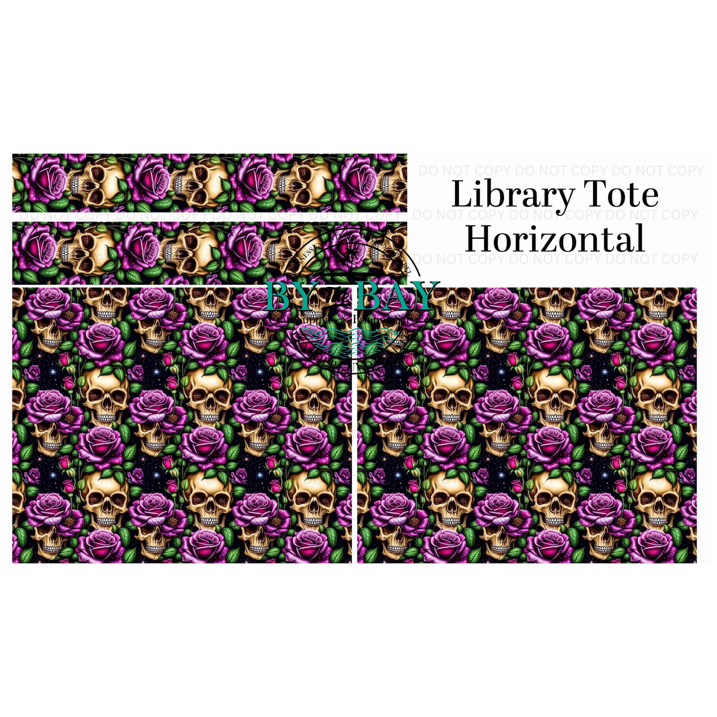 Purple Floral Skulls Horizontal Library Tote