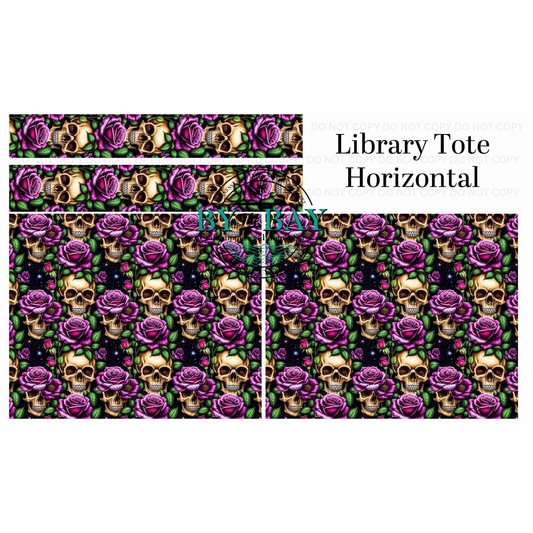 Purple Floral Skulls Horizontal Library Tote