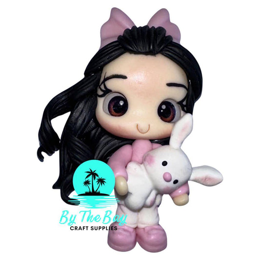 Black hair girl with white rabbit