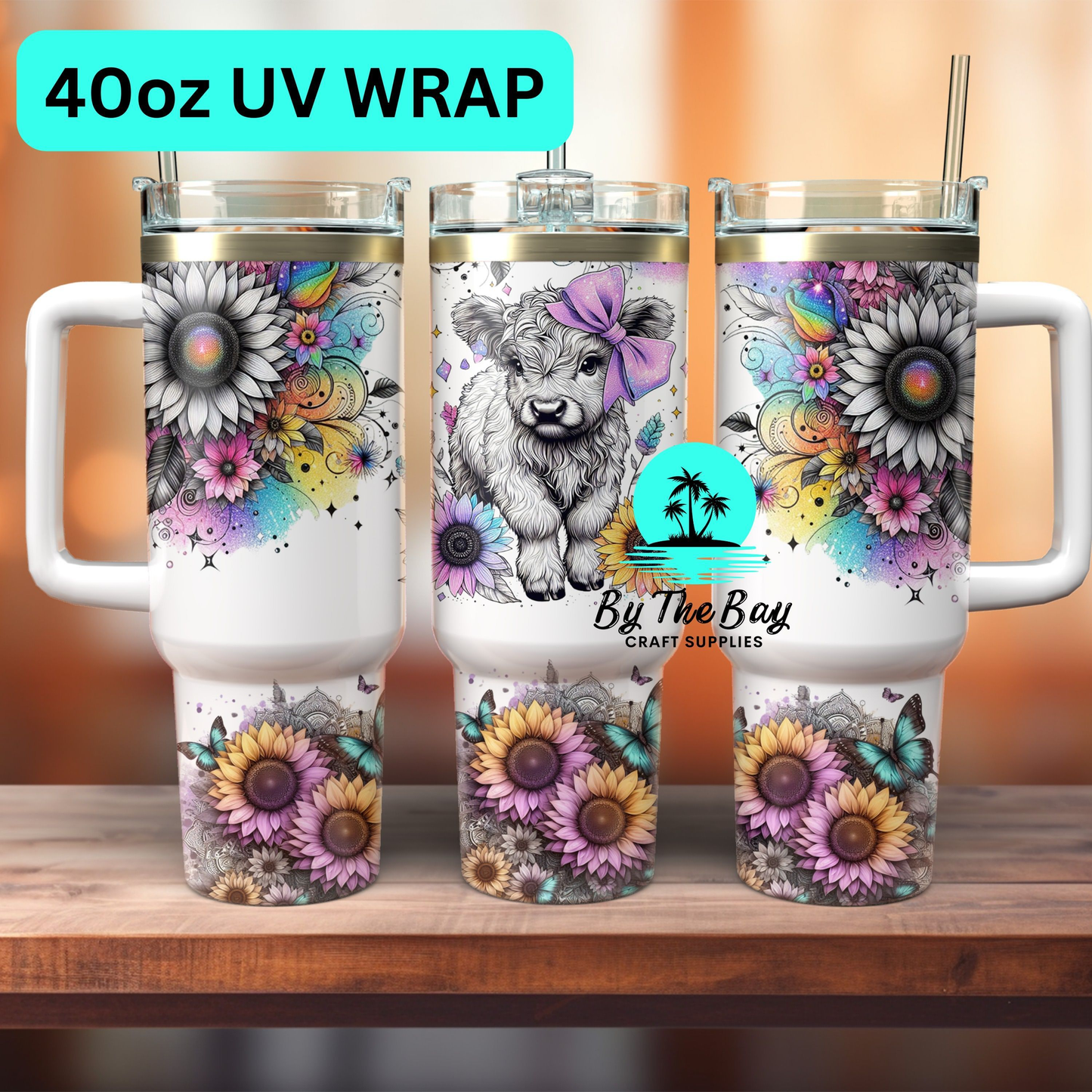 Rainbow sunflowers Highland Cow 40oz Wrap