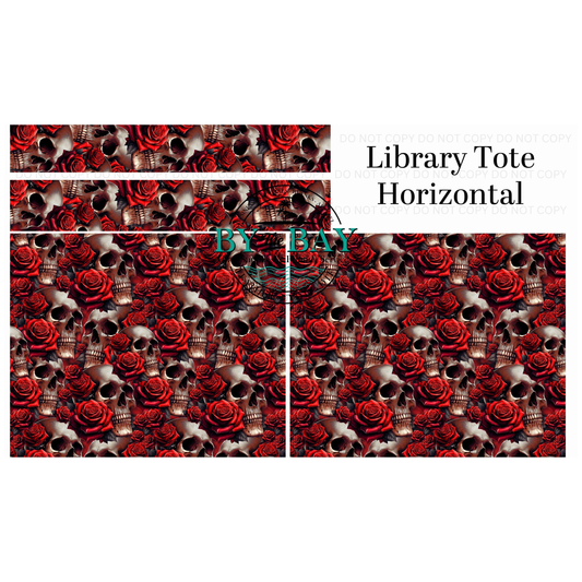 Red Rose Skulls Horizontal Library Tote