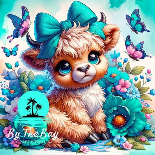 Teal flowers & Highland Cow SUB PRINT