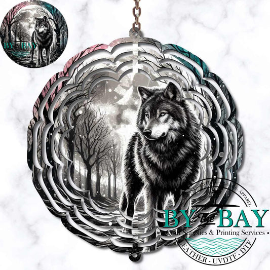 Blk White Wolf Wind Spinner Sublimation Print