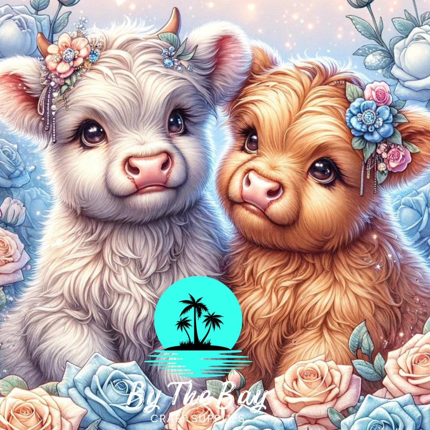 Peach & Blue rose highland cow duo SUB PRINT