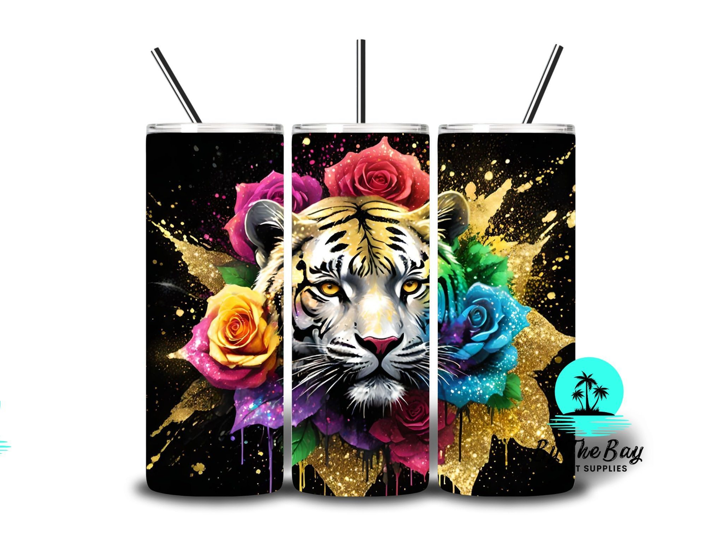 White Tiger with rainbow roses 20oz SUB Print