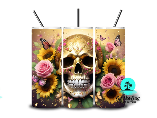 Gold skull, pink butterflies & flowers  20oz SUB Print