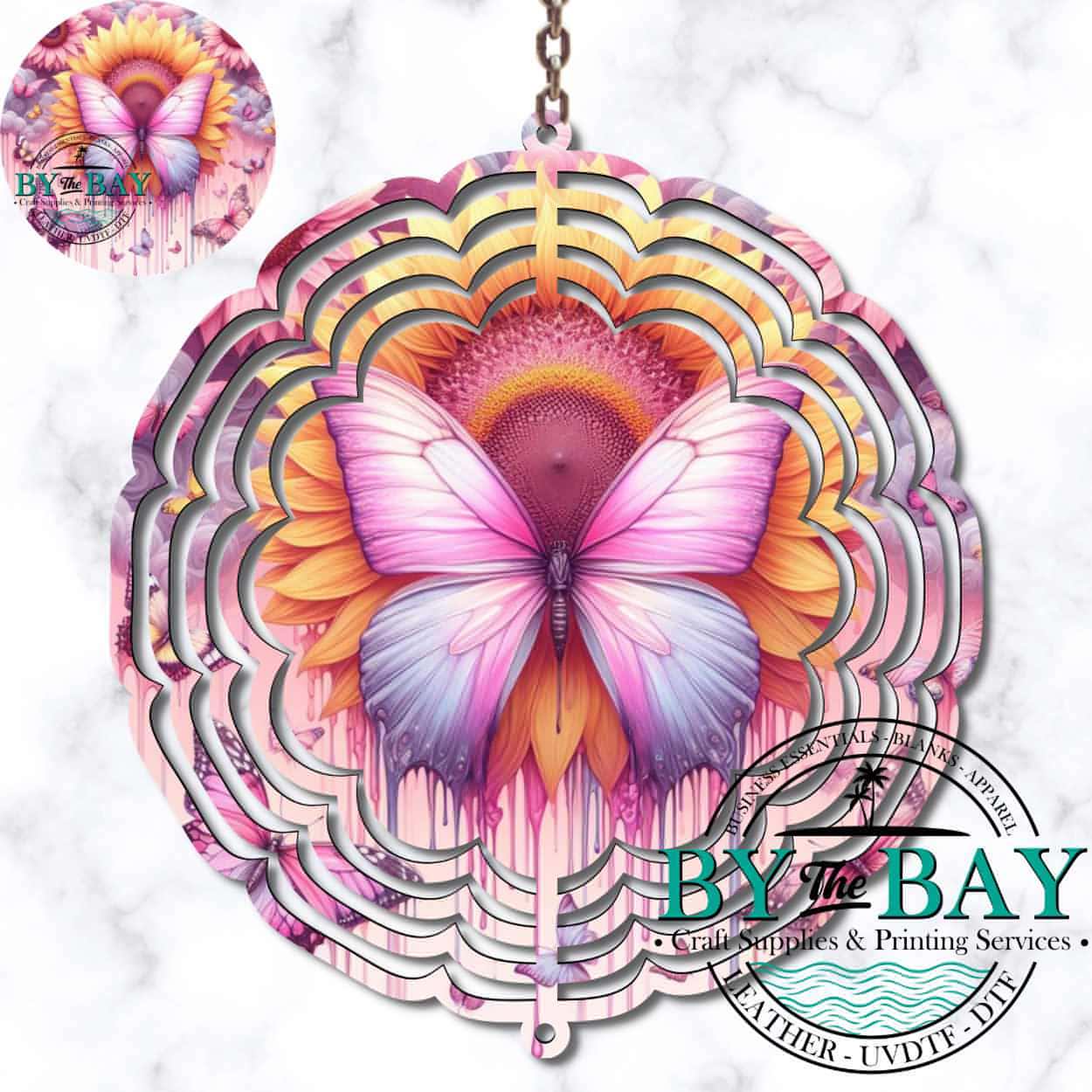 Pink Butterfly Sunflowers Wind Spinner Sublimation Print