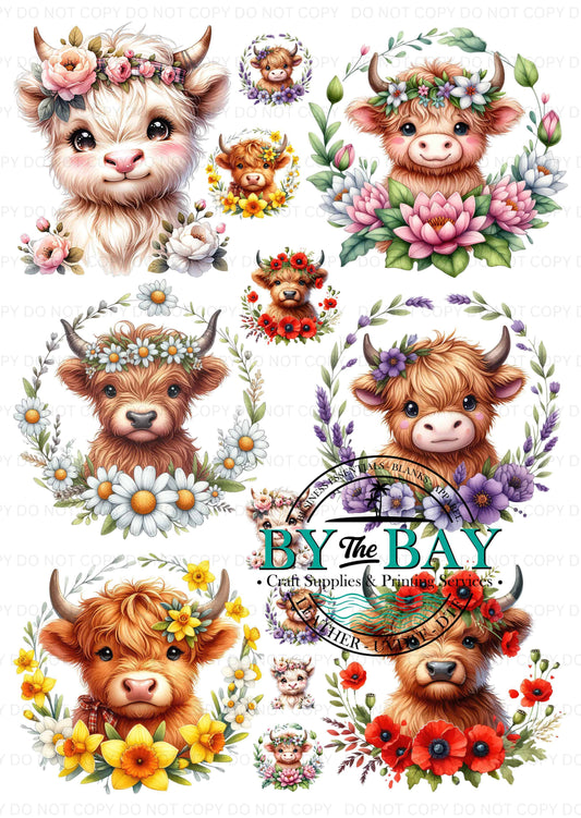 Floral Highland Cows A4009  Decal Sheet