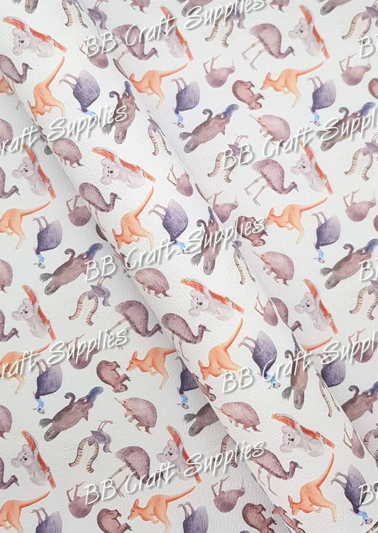 Aussie Animals White Litchi - Animal, animal floral, Australia Day, Australian, cassowarie, Faux, Faux Leather, Koala, Leather, leatherette, Litchi, platapus, wombat - Bare Butler Faux Leather Supplies 