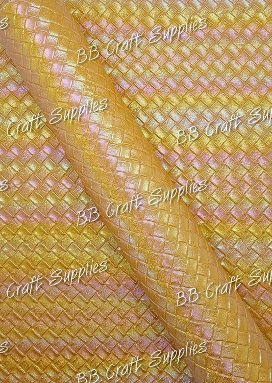 Basket Weave Metallic Yellow - Basket, Faux, Faux Leather, Leather, leatherette, pattern, weave - Bare Butler Faux Leather Supplies 