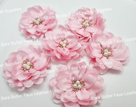 Chiffon Flower with Rhinestone center - Pink - Chiffon Flower, Embelishment, Flower, silk - Bare Butler Faux Leather Supplies 