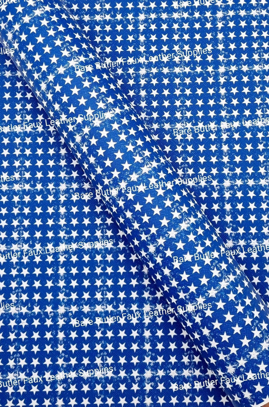 Distressed Blue & White Stars Faux Leather - Fabric, Faux, Faux Leather, Leather, leatherette, Litchi - Bare Butler Faux Leather Supplies 