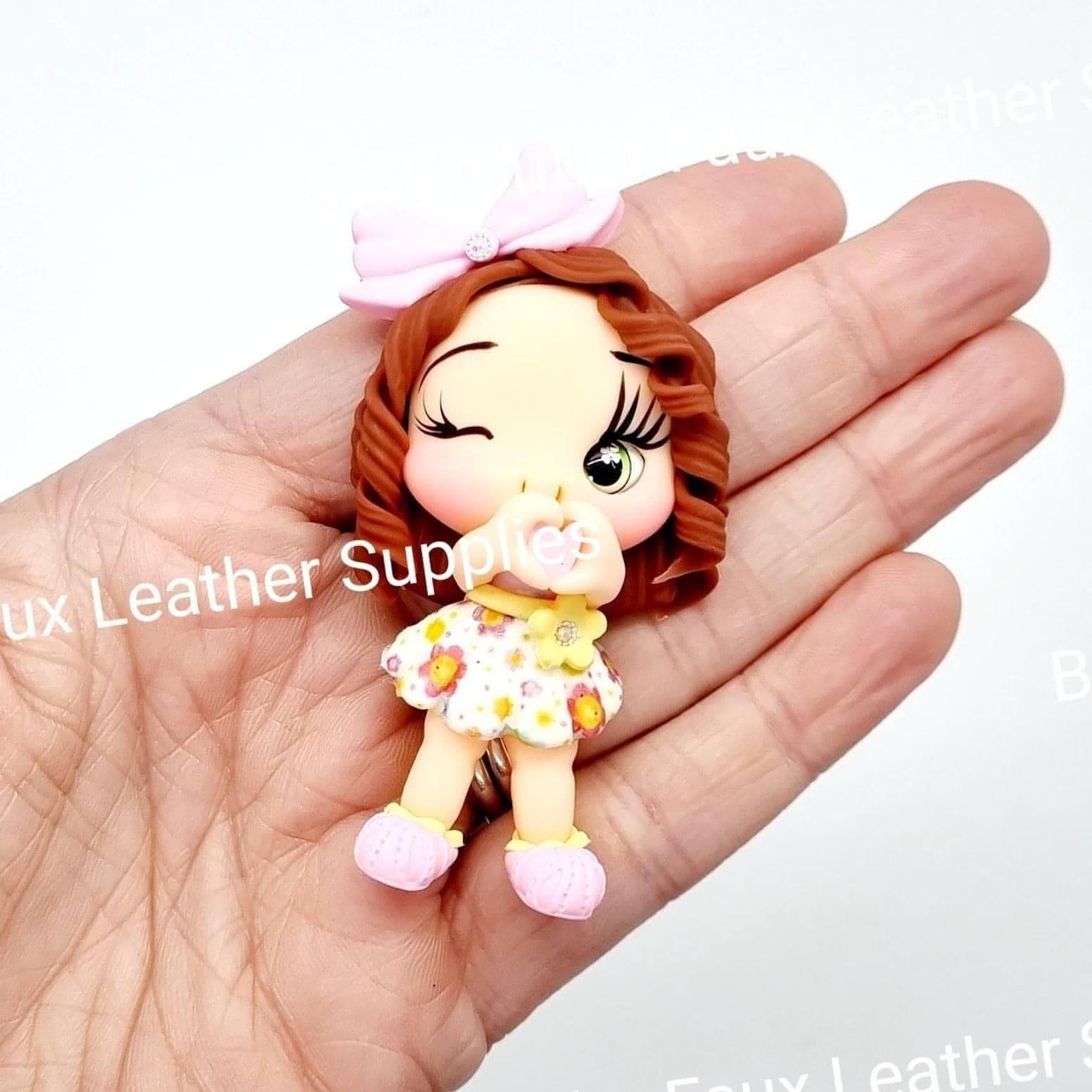 Girl in Floral Dress Pink Bow - Clay, Clays, girl - Bare Butler Faux Leather Supplies 