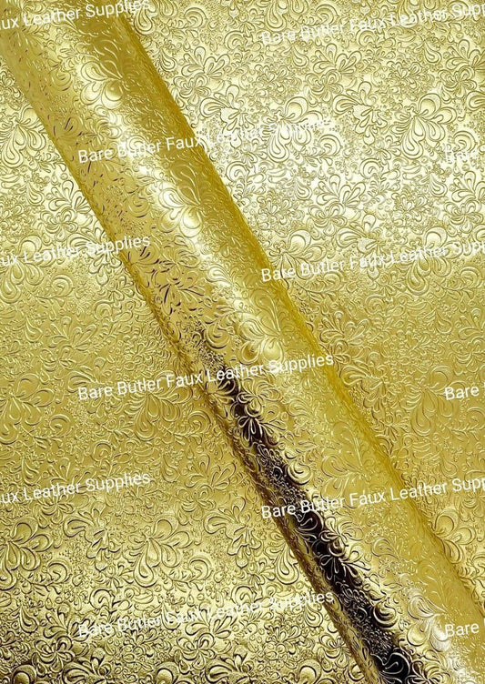 Gold Embossed Metallic Florals - embossed, Faux, Faux Leather, floral, Leather, leatherette, metallic, shimmer, shine, Whats new - Bare Butler Faux Leather Supplies 