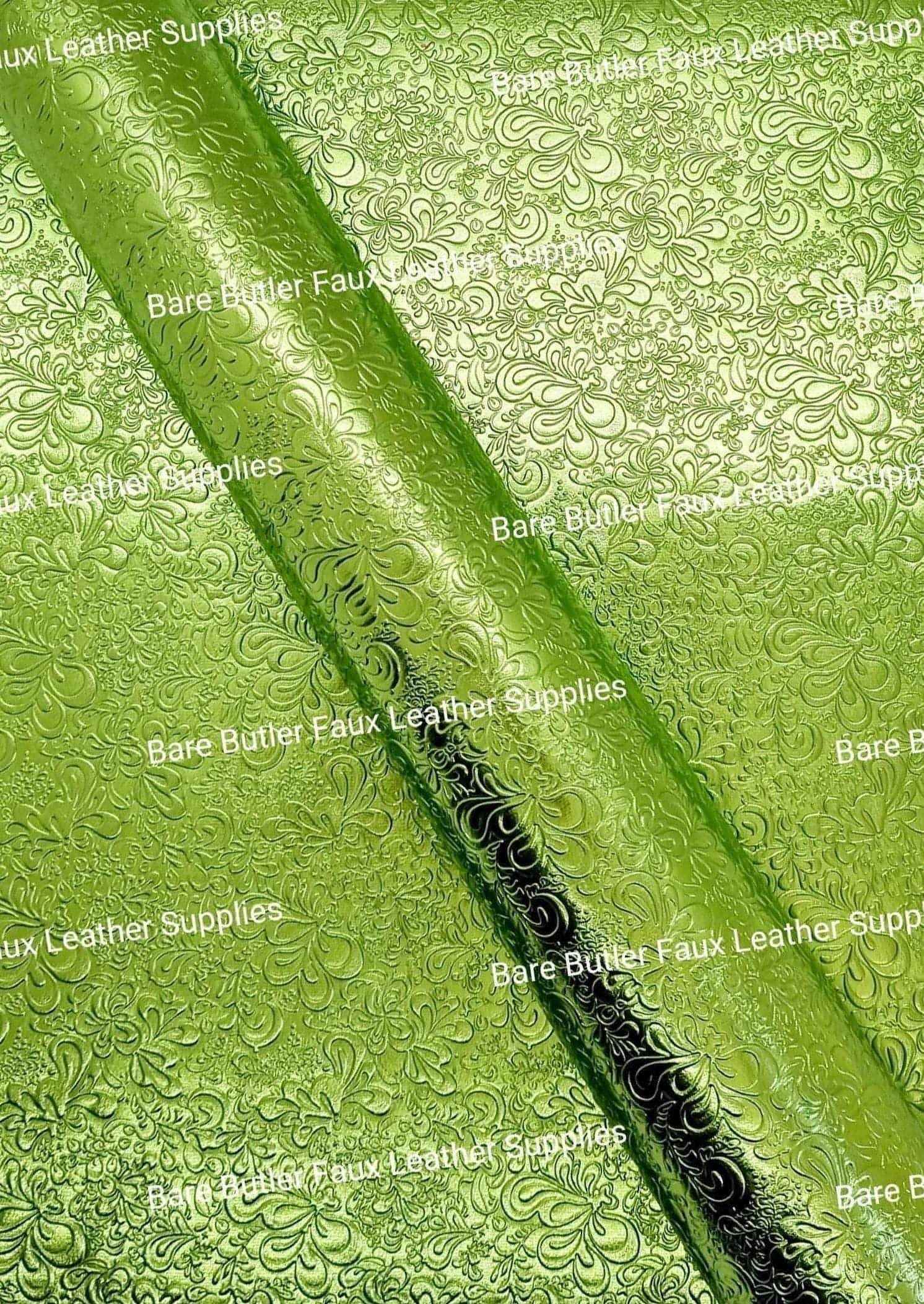 Green Embossed Metallic Florals - embossed, Faux, Faux Leather, Floral, green, Leather, leatherette, metallic, Whats new - Bare Butler Faux Leather Supplies 