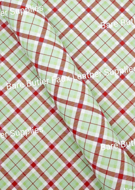 Light Green & Red Plaid Litchi - Fabric, Faux, Faux Leather, Leather, leatherette, Litchi - Bare Butler Faux Leather Supplies 