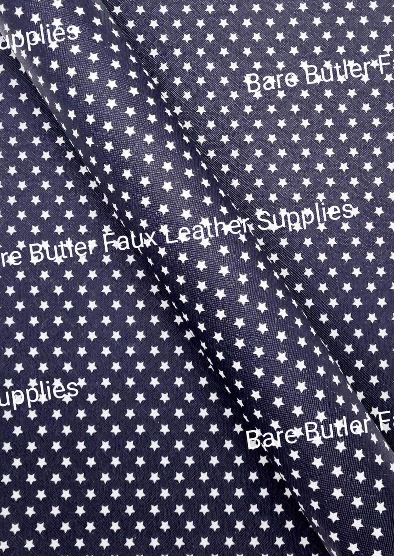 Navy Blue & White Stars Faux Leather - Fabric, Faux, Faux Leather, Leather, leatherette, Litchi - Bare Butler Faux Leather Supplies 