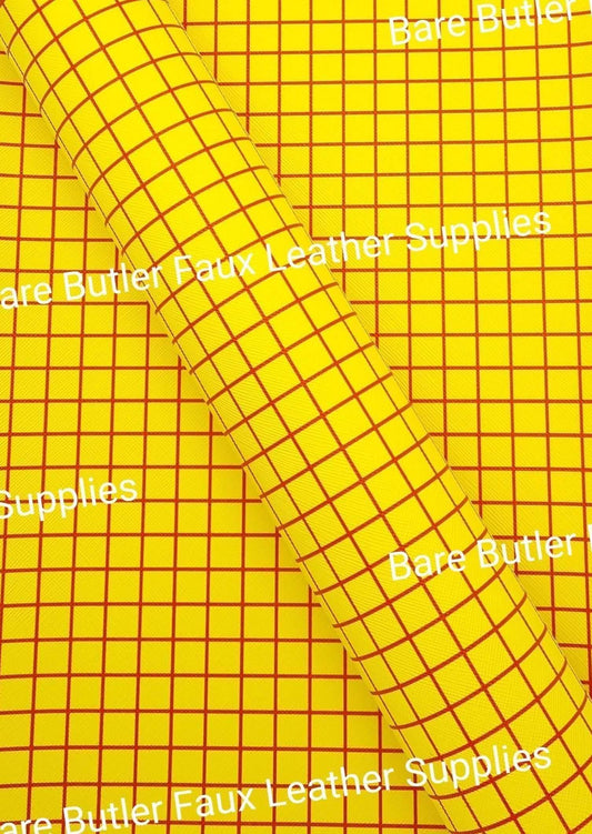 Red & Yellow Checks Faux Leather - Faux, Faux Leather, Leather, leatherette, sherif, toy story, woody - Bare Butler Faux Leather Supplies 