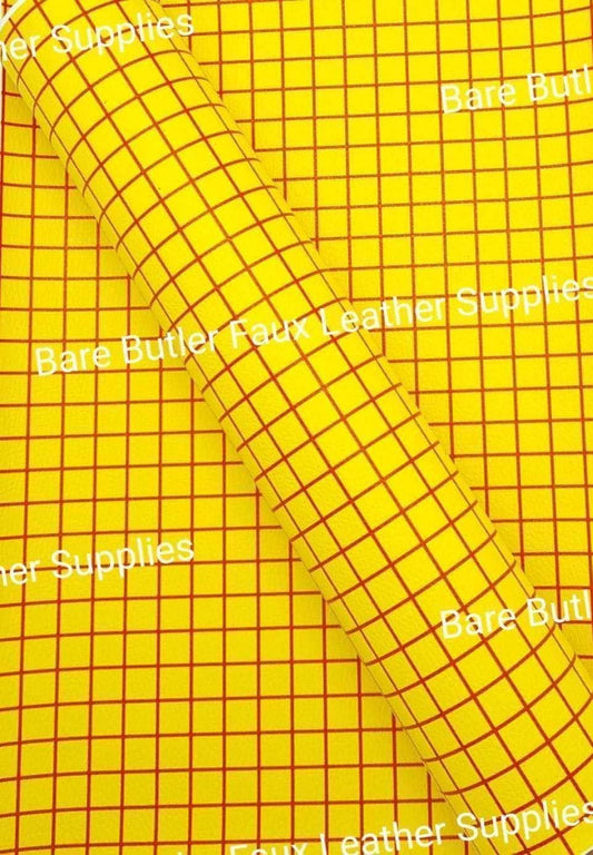 Red & Yellow Checks Litchi - Faux, Faux Leather, Leather, leatherette, sherif, toy story, woody - Bare Butler Faux Leather Supplies 