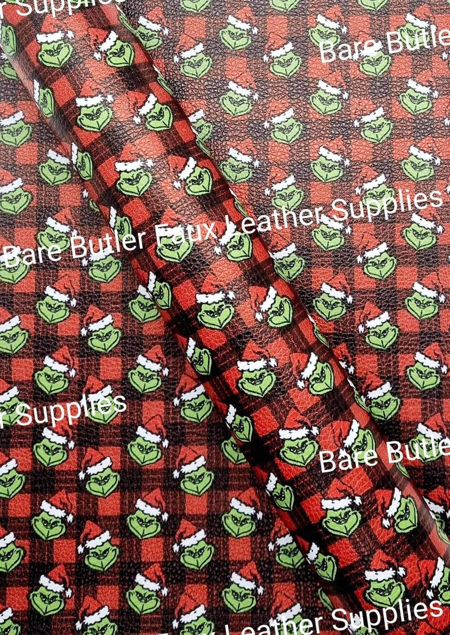 Red Plaid Grinch in Santa Hat Litchi - christmas, Faux, Faux Leather, grinch, Leather, leatherette, Litchi, santa - Bare Butler Faux Leather Supplies 